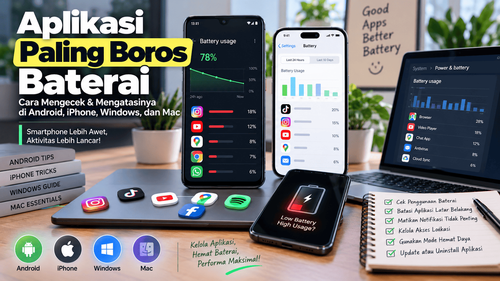 Cara Mengetahui Aplikasi Paling Boros Baterai di Android, iPhone, Windows, dan Mac